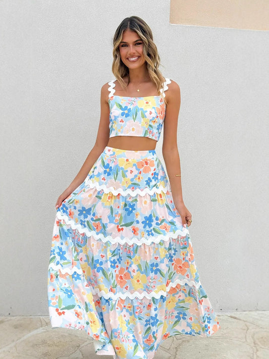 Ensemble Femme Deux Pièces – Top Cropped Ajusté à Bretelles – Jupe Longue Évasée