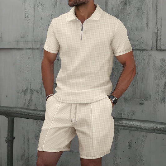 Ensemble polo et short homme – Coton mélangé – Coupe régulière – Col zippé – Manches courtes