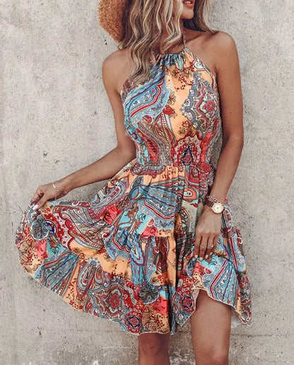 Robe femme halter – Coupe fluide – Coton mélangé – Taille smockée – Longueur midi