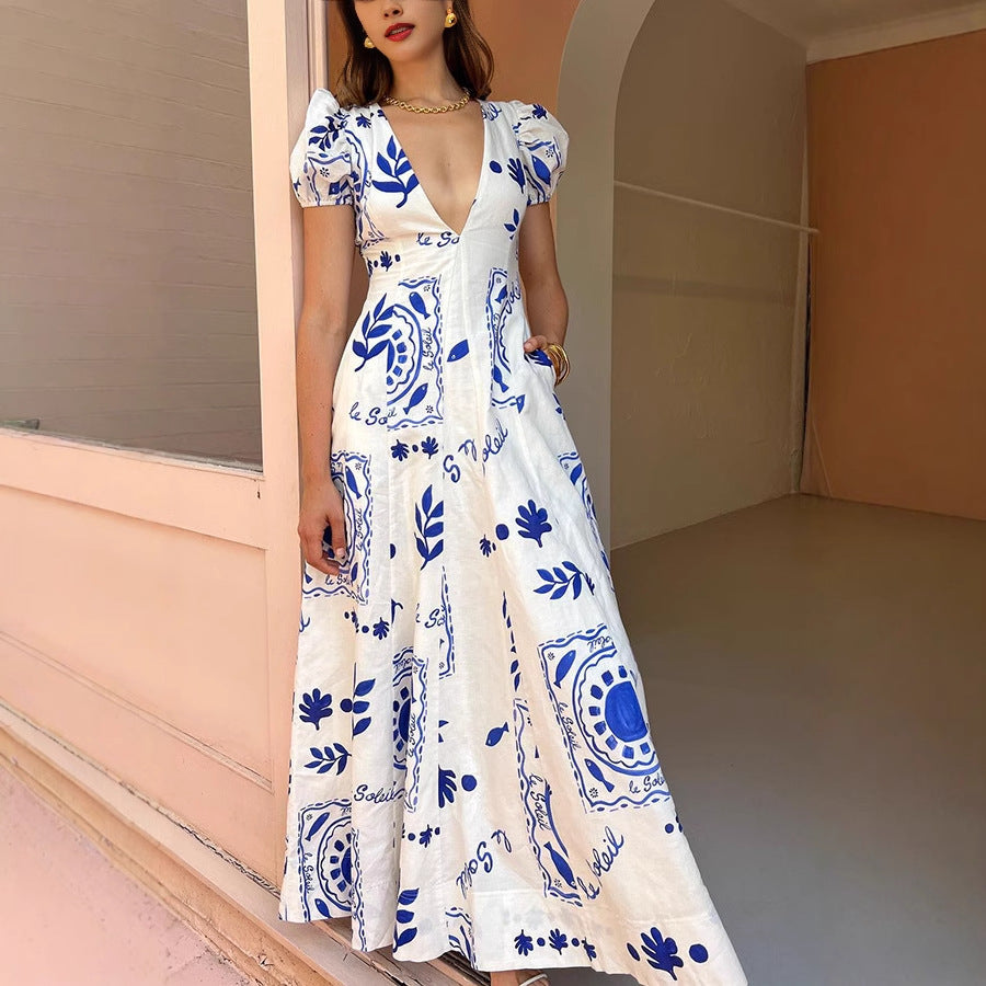 Robe longue femme – Coupe évasée – Décolleté en V – Manches bouffantes
