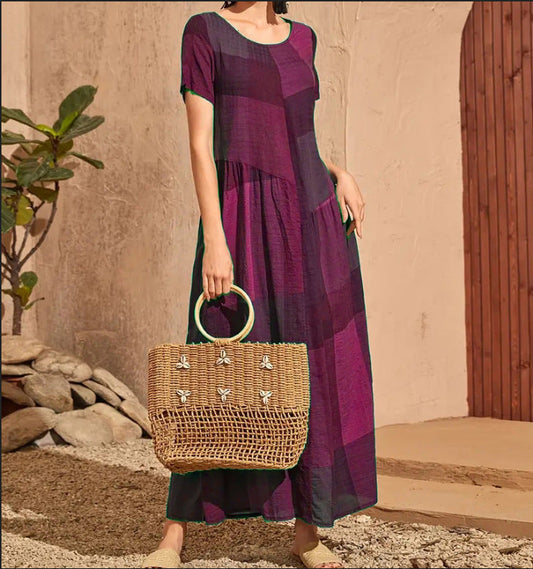 Robe longue femme – Coupe ample évasée – Coton – Manches courtes – Imprimé à carreaux