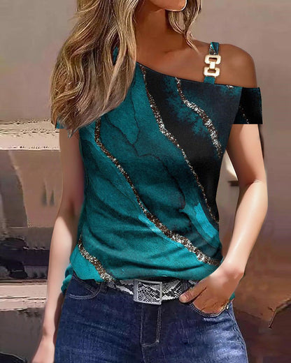 Haut femme – Coupe décontractée – Épaule dénudée – Bretelle chaîne – Motif script
