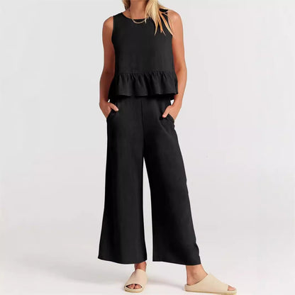 Ensemble 2 pièces pour femmes - Top court sans manches - Pantalon large à taille élastique - Coupe décontractée