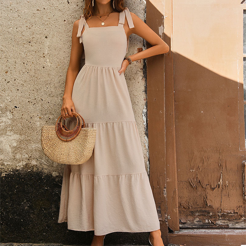 Robe longue femme – Tissu respirant – Sans manches – Coupe fluide à volants
