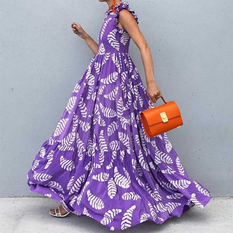 Robe longue femme – Coupe fluide – Sans manches – Volants – Imprimé fleuri