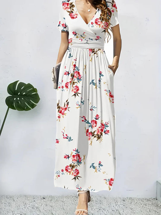 Robe longue femme – Coupe portefeuille – Imprimé fleuri – Manches courtes