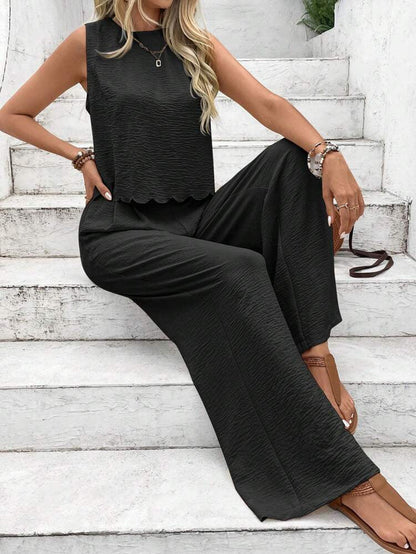 Pantalon femme large – Tissu léger froissé – Taille élastique – Longueur cheville