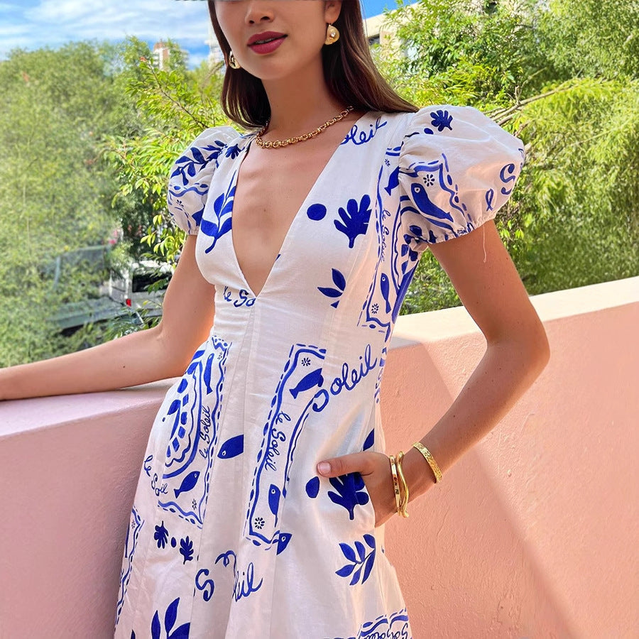 Robe longue femme – Coupe évasée – Décolleté en V – Manches bouffantes