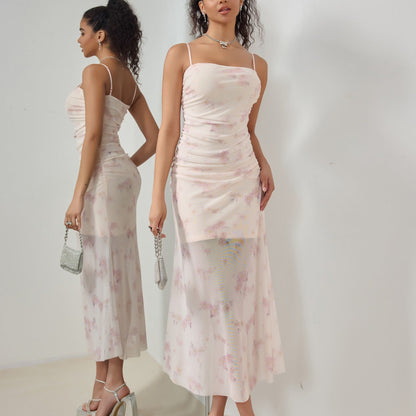 Robe longue femme – Coupe moulante – Bretelles fines – Fronces – Bas sirène élégant