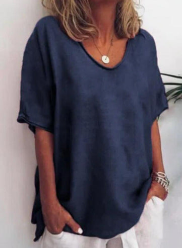 T-shirt Femme – Coupe Ample – Lin et Coton – Manches Courtes – Col en V Casual