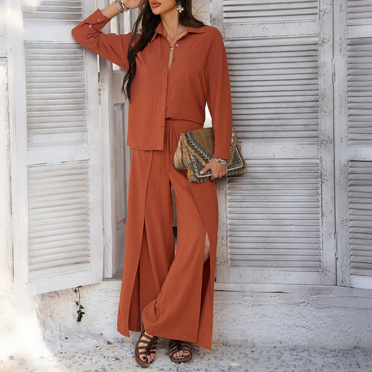 Ensemble Femme Deux Pièces – Chemise Ample à Manches Longues – Pantalon Taille Haute à Jambes Larges et Fentes