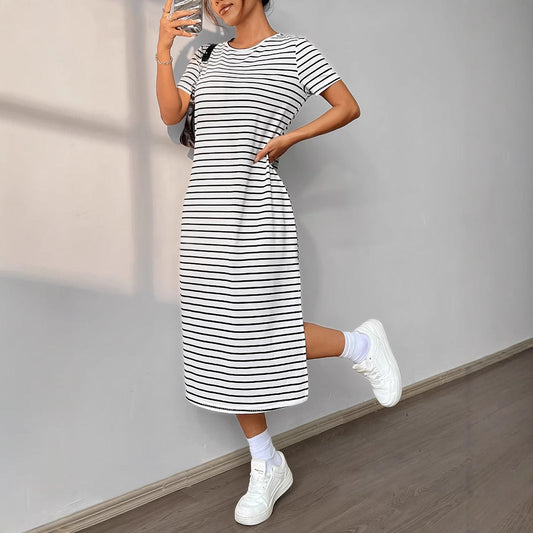 Robe midi femme – Coupe décontractée – Maille douce – Rayures – Fente latérale