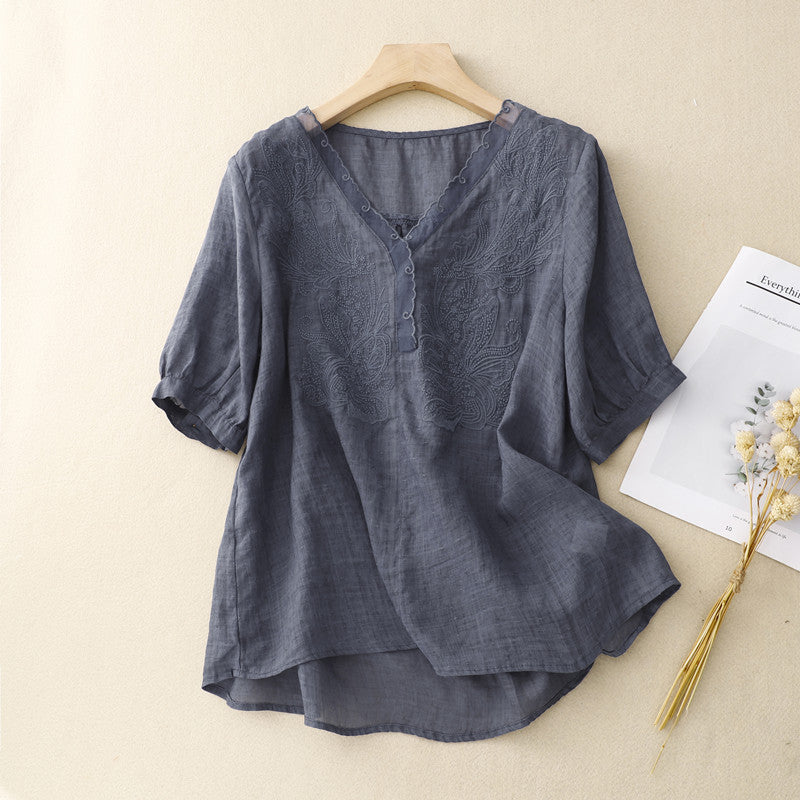 Chemise manches courtes femme – Coupe ample – Col V – Broderie – Tissu respirant