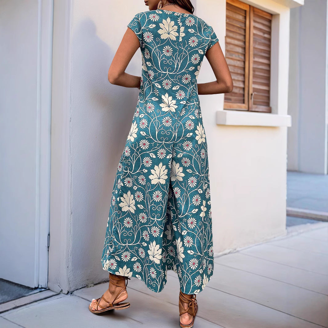 Combinaison femme – Coupe ample – Jambe large – Manches courtes – Imprimé floral