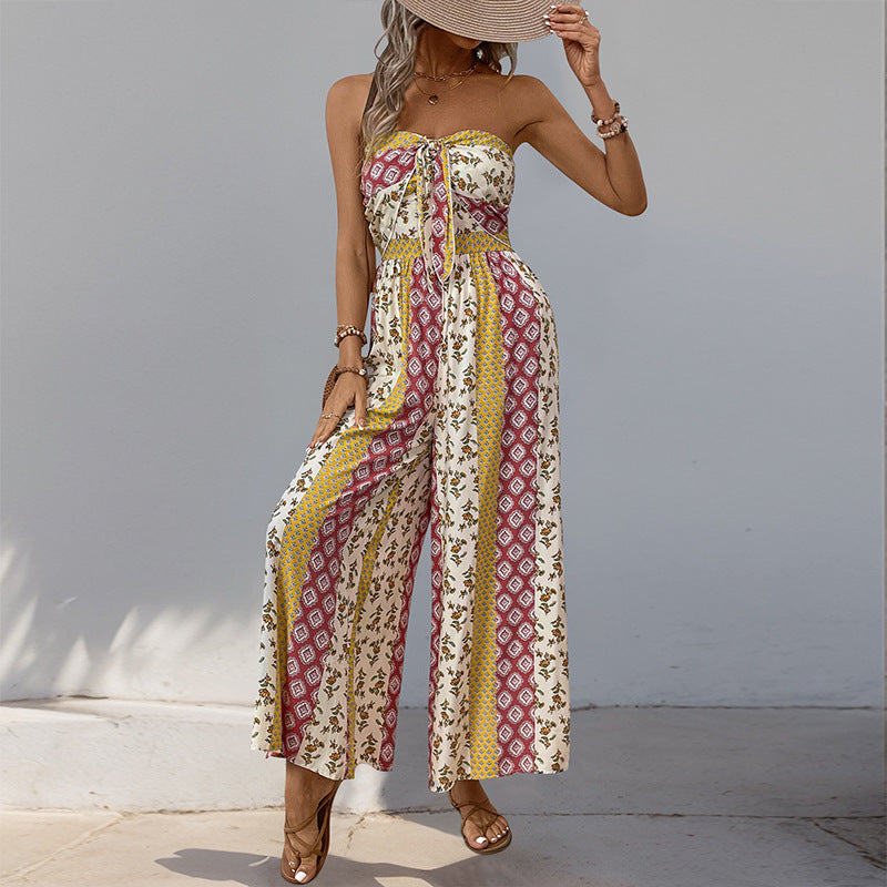 Combinaison pantalon femme – Sans manches – Taille cintrée – Tissu fluide – Motif bohème