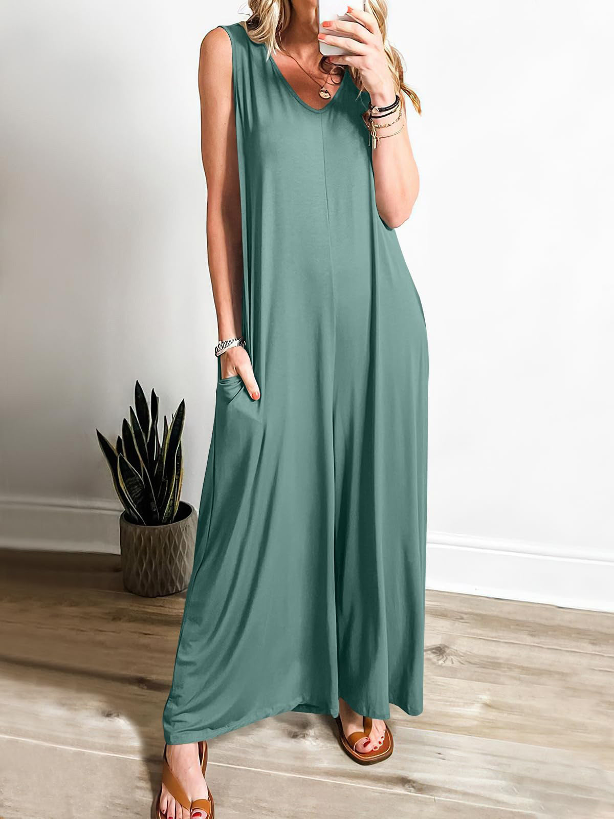 Robe longue femme – Coupe fluide – Débardeur – Encolure en V – Maille douce avec poches