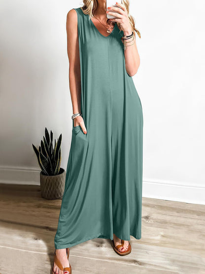 Robe longue femme – Coupe fluide – Débardeur – Encolure en V – Maille douce avec poches