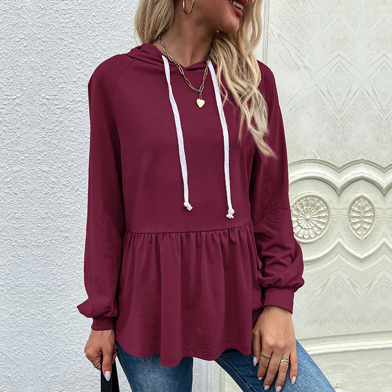 Women's hooded sweatshirt – Loose fit – Ruffle detail – Drawstring collar – Soft knit