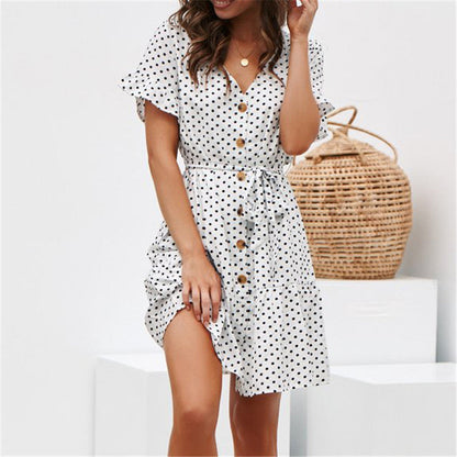 Robe portefeuille femme – Pois – Manches courtes à volants – Coupe fluide – Coton