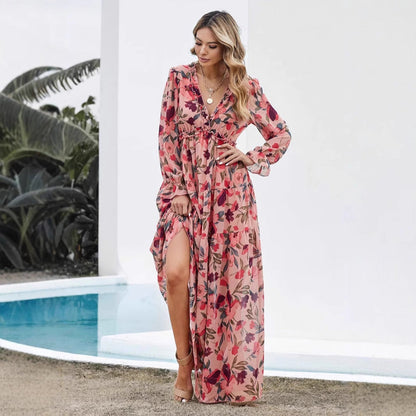 Robe longue femme – Tissu fluide – Imprimé fleuri – Manches longues – Style bohème