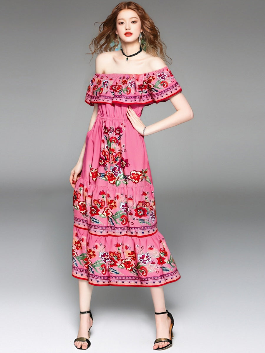 Robe longue femme – Épaules dénudées – Imprimé fleuri – Taille ajustable – Jupe à volants