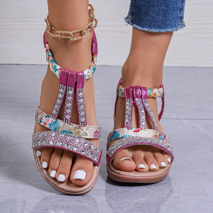 Sandales Compensées Femme – Bout Ouvert – T-Brides Strass – Style Bohème Fleuri