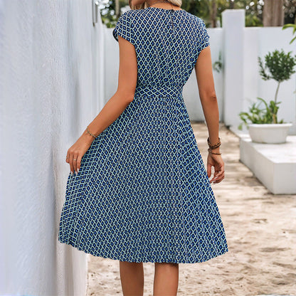 Robe midi femme – Coupe ample – Taille nouée – Manches courtes – Motif graphique