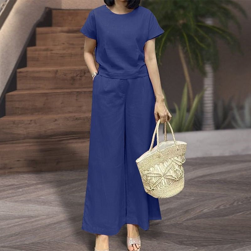 Ensemble deux pièces pour femme - Coupe ample - Top à manches courtes et col rond - Pantalon large à taille élastique