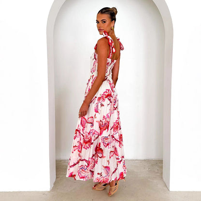 Robe longue femme – Bretelles réglables – Buste smocké – Jupe fluide à volants – Imprimé fleuri