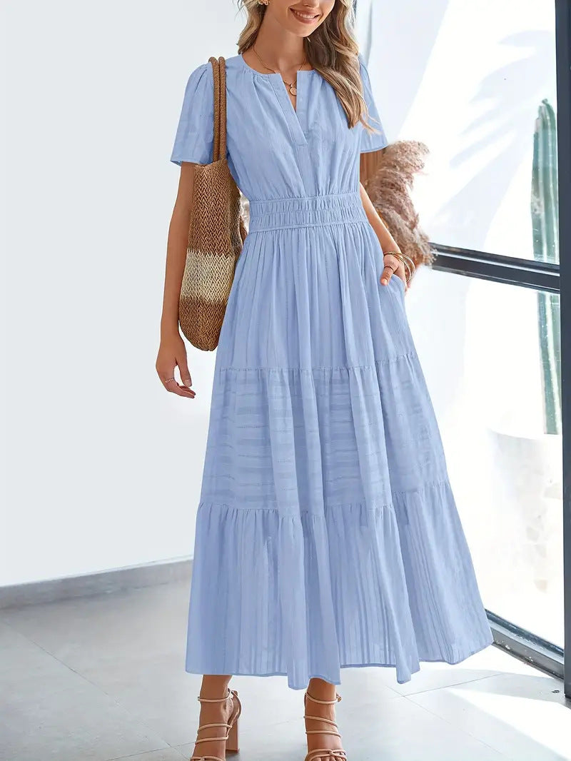 Robe longue femme – Col en V – Manches bouffantes – Taille froncée – Coupe évasée