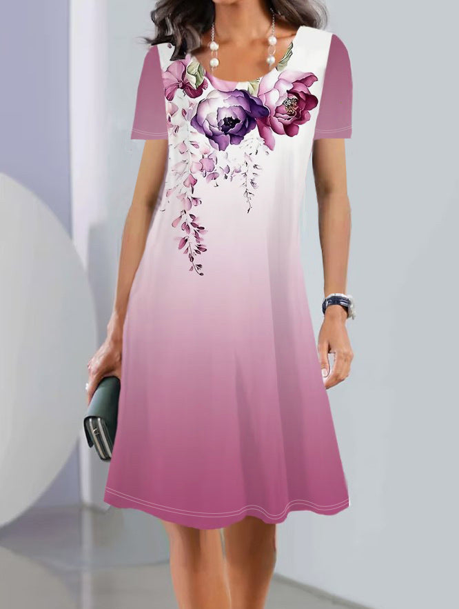 Robe femme évasée – Imprimé fleuri – Manches courtes – Coton – Longueur genou