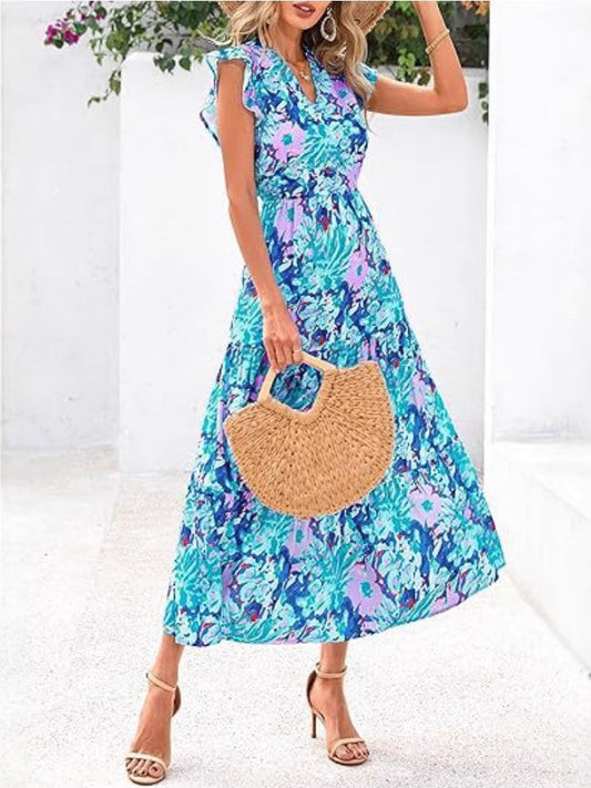 Robe femme mi-longue – Encolure en V – Manches volantées – Coupe fluide – Motif imprimé