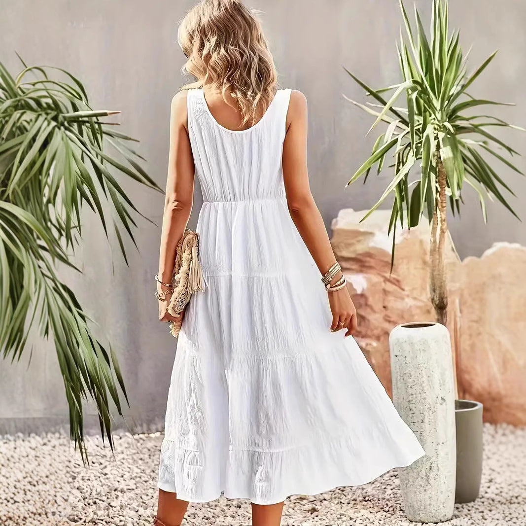 Robe longue femme – Sans manches – Coupe évasée – Tissu respirant – Jupe à volants