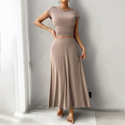 Ensemble Robe Femme – Haut Court Ajusté Froncé – Jupe Longue Fluide Taille Haute