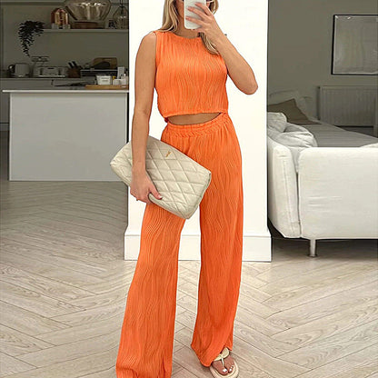 Ensemble femme deux pièces – Top court sans manches ajusté – Pantalon droit taille haute