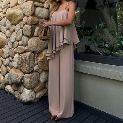 Ensemble Femme – Haut Asymétrique Drapé Sans Manches – Pantalon Droit Fluide