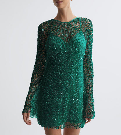 Women's cocktail dress – Fitted cut – Long sleeves – Sequins – Mini length