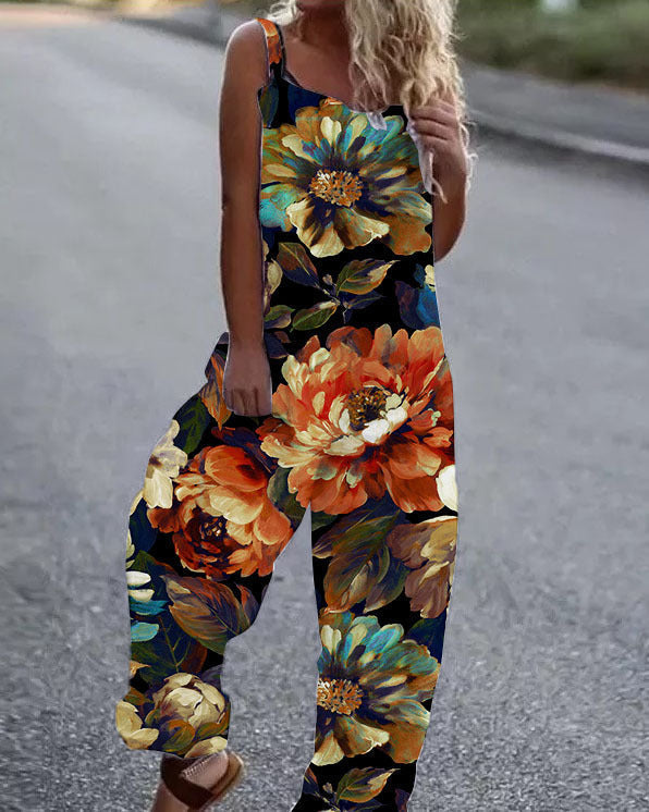Combinaison Femme – Coupe Décontractée – Imprimé Fleuri – Jambes Larges – Bretelles Réglables