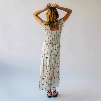 Robe longue femme – Bretelles à volants – Tissu respirant – Buste smocké élégant