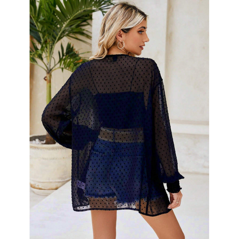 Veste femme – Coupe décontractée – Tissu transparent à pois – Manches bouffantes