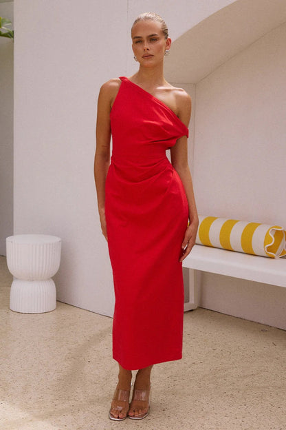 Robe midi femme – Coupe ajustée – Épaule asymétrique – Tissu fluide élégant