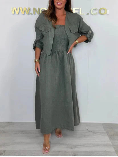 Ensemble deux pièces femme – Robe longue – Coupe décontractée – Buste smocké – Coton – Veste assortieécontractée – Buste smocké – Coton – Veste assortie