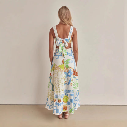 Robe longue femme – Bretelles fines – Décolleté en V – Taille ajourée – Imprimé fluide