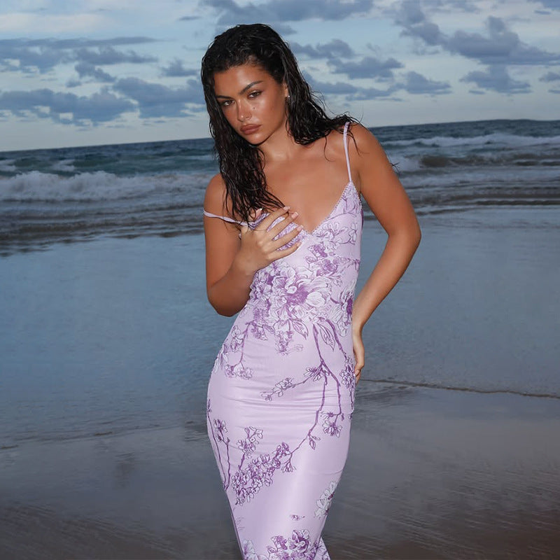 Robe longue femme – Coupe ajustée – Bretelles fines – Col en V – Imprimé fleuri