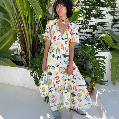 Robe femme col en V – Lin – Coupe ample – Manches courtes – Imprimé boutonné midi