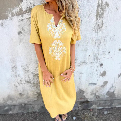 Robe midi femme – Fibres naturelles – Coupe décontractée – Manches courtes – Broderie