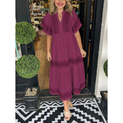 Robe mi-longue femme – Coupe ample – Col en V – Manches papillon – Imprimé bohème