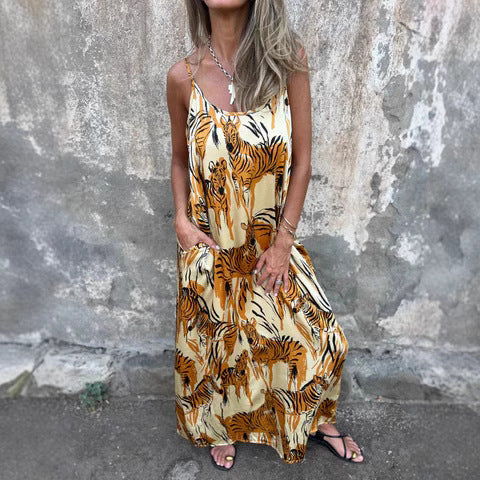 Robe longue femme – Coupe fluide – Bretelles réglables – Fibres naturelles – Poches
