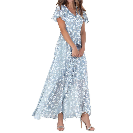 Robe longue femme – Coupe fluide – Tissu doux luxe – Manches volantées – Col en V – Imprimé fleuri