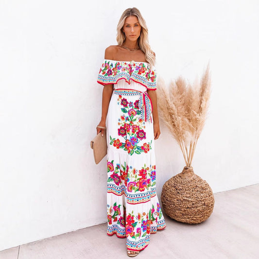 Robe longue femme – Épaules dénudées – Imprimé fleuri – Ceinture taille ajustable